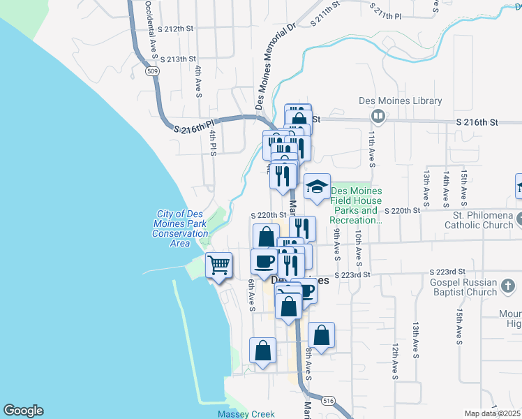 map of restaurants, bars, coffee shops, grocery stores, and more near 21937 7th Avenue South in Des Moines