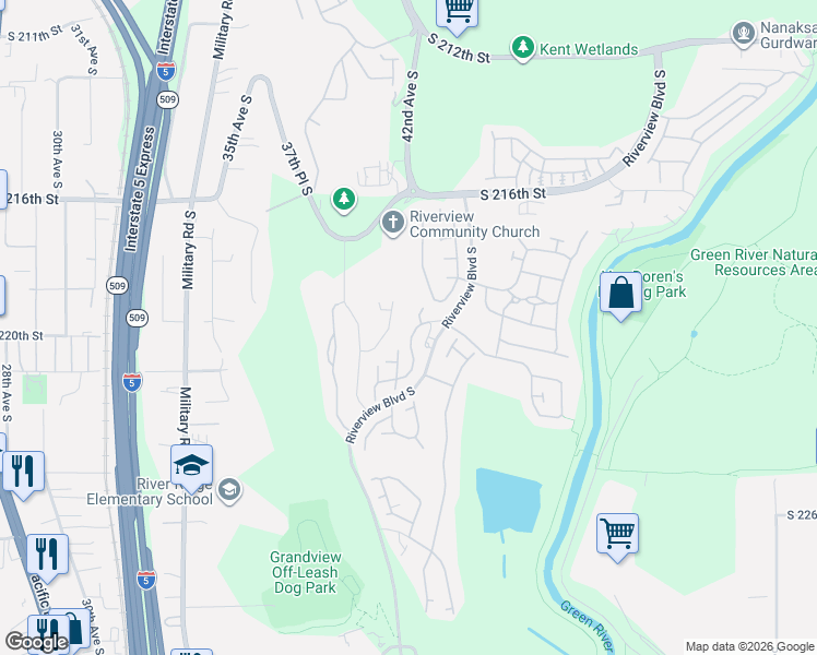 map of restaurants, bars, coffee shops, grocery stores, and more near 22007 41st Avenue South in Kent