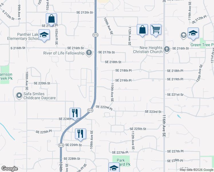 map of restaurants, bars, coffee shops, grocery stores, and more near 10827 Southeast 220th Place in Kent
