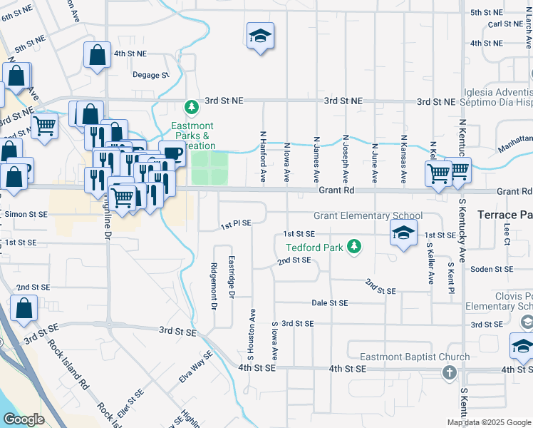 map of restaurants, bars, coffee shops, grocery stores, and more near 1430 1st Place Southeast in East Wenatchee