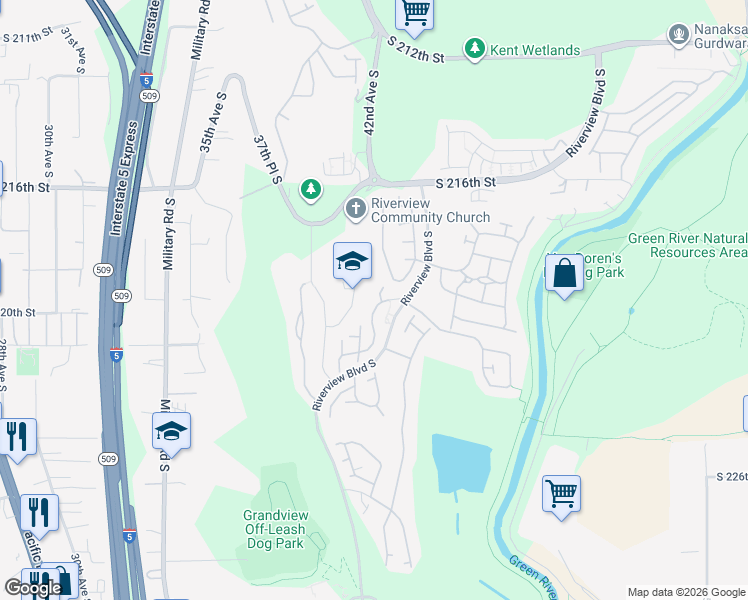 map of restaurants, bars, coffee shops, grocery stores, and more near 22105 41st Place South in Kent