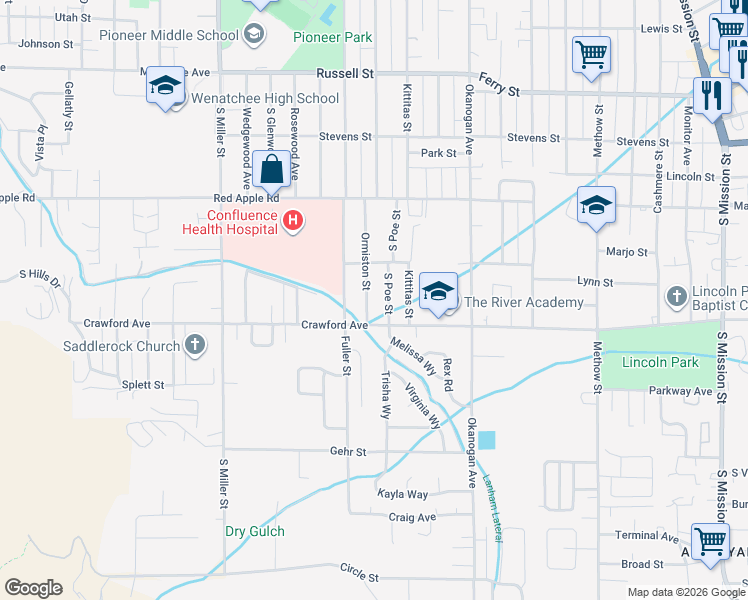 map of restaurants, bars, coffee shops, grocery stores, and more near 1317 Ormiston Street in Wenatchee