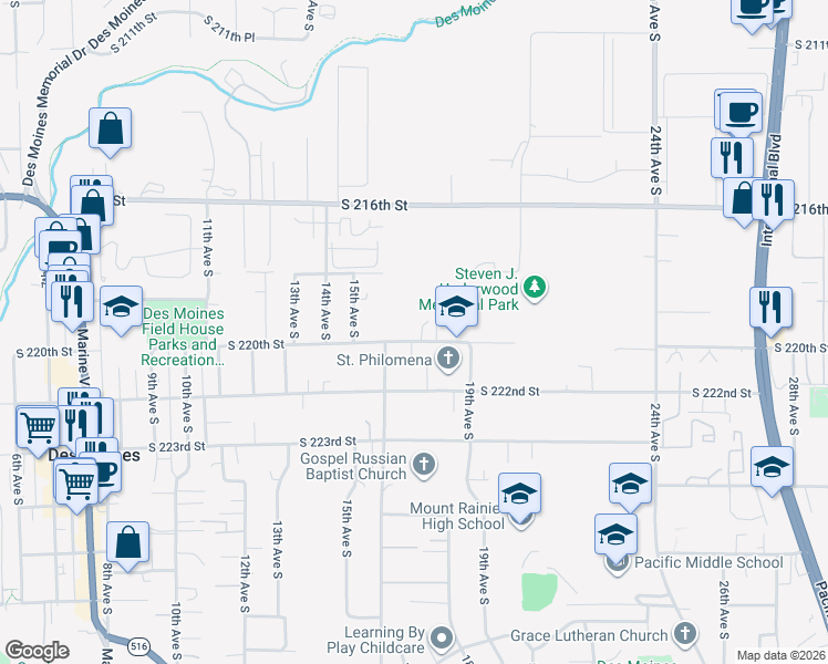 map of restaurants, bars, coffee shops, grocery stores, and more near 1705 South 220th Street in Des Moines