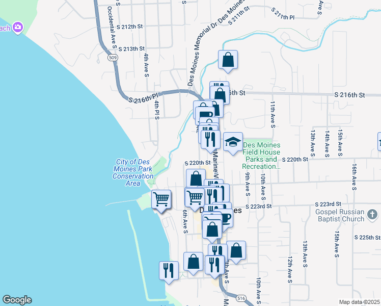 map of restaurants, bars, coffee shops, grocery stores, and more near 21925 7th Avenue South in Des Moines