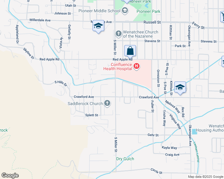 map of restaurants, bars, coffee shops, grocery stores, and more near 1320 South Miller Street in Wenatchee