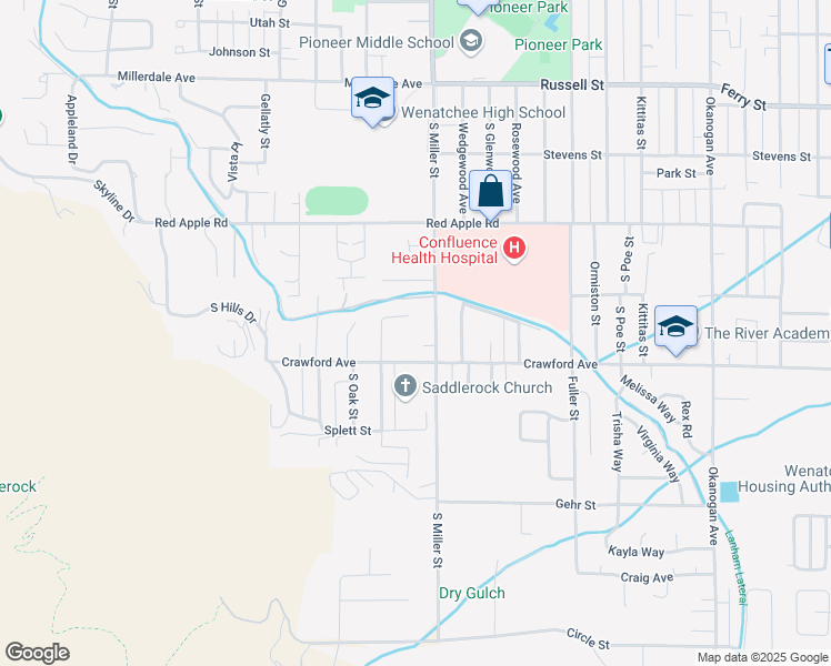 map of restaurants, bars, coffee shops, grocery stores, and more near 1320 South Miller Street in Wenatchee