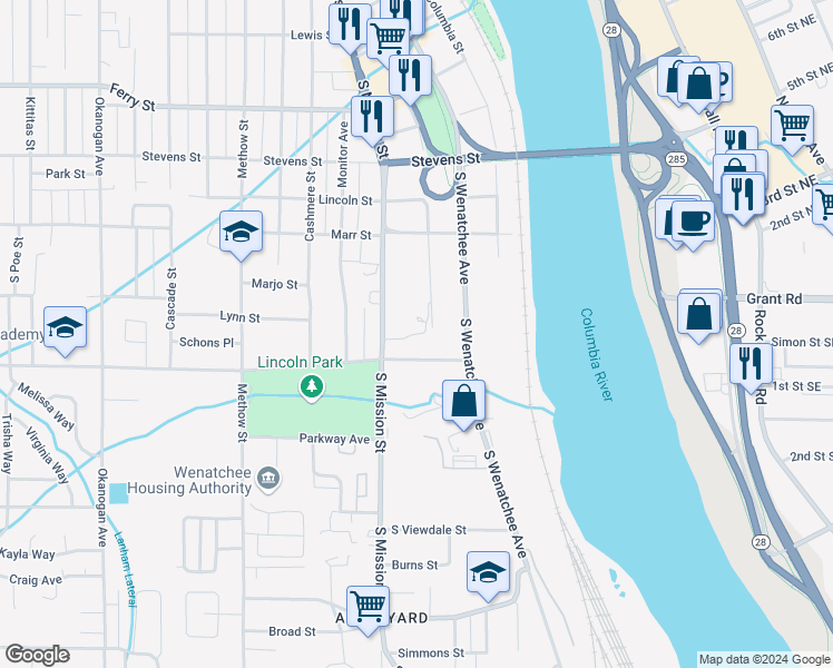 map of restaurants, bars, coffee shops, grocery stores, and more near 150 Crawford Avenue in Wenatchee