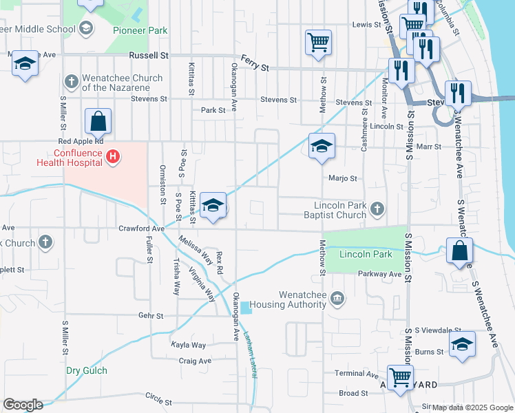 map of restaurants, bars, coffee shops, grocery stores, and more near 520 Crawford Avenue in Wenatchee