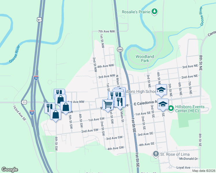 map of restaurants, bars, coffee shops, grocery stores, and more near 201 1st Street Northwest in Hillsboro