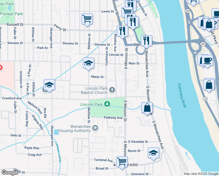 map of restaurants, bars, coffee shops, grocery stores, and more near 1300 Cashmere Street in Wenatchee