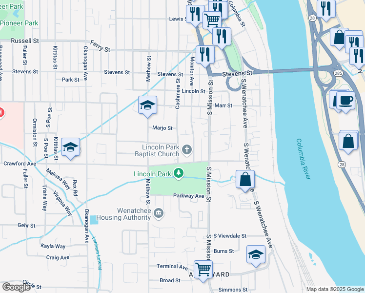 map of restaurants, bars, coffee shops, grocery stores, and more near 1300 Cashmere Street in Wenatchee