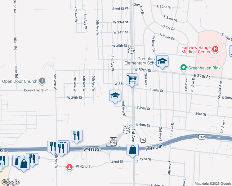 map of restaurants, bars, coffee shops, grocery stores, and more near 3801 3rd Avenue West in Hibbing