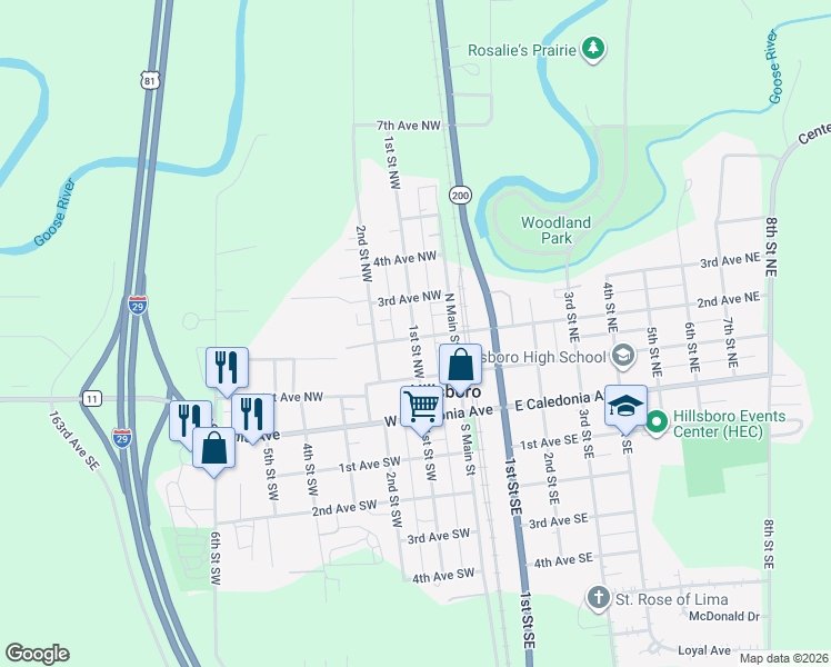 map of restaurants, bars, coffee shops, grocery stores, and more near 201-299 1st St NW in Hillsboro