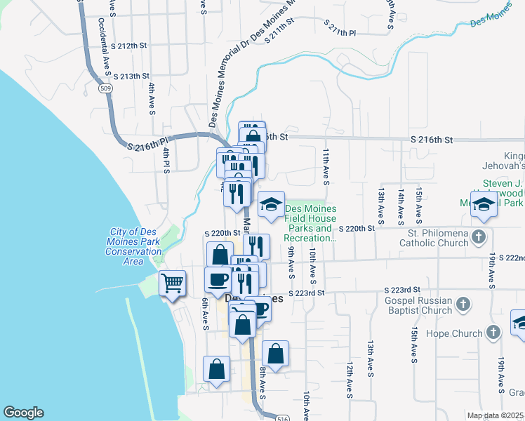 map of restaurants, bars, coffee shops, grocery stores, and more near 804 South 219th Street in Des Moines