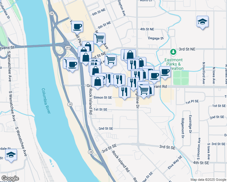 map of restaurants, bars, coffee shops, grocery stores, and more near 240 Grant Road in East Wenatchee