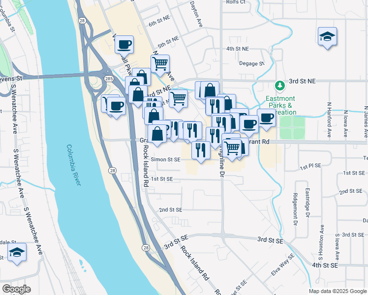 map of restaurants, bars, coffee shops, grocery stores, and more near 240 Grant Road in East Wenatchee