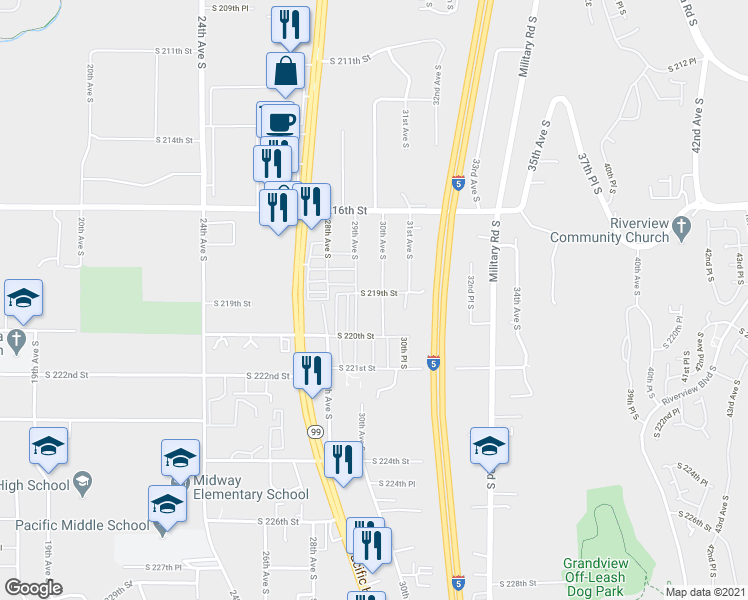 map of restaurants, bars, coffee shops, grocery stores, and more near 21831 30th Avenue South in Des Moines