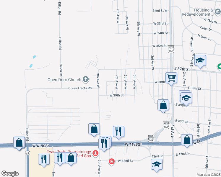 map of restaurants, bars, coffee shops, grocery stores, and more near 740 West 38th Street in Hibbing