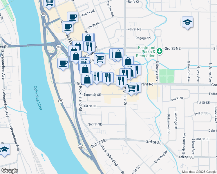 map of restaurants, bars, coffee shops, grocery stores, and more near 240 Grant Road in East Wenatchee