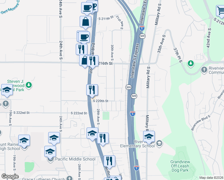 map of restaurants, bars, coffee shops, grocery stores, and more near 21831 30th Avenue South in Des Moines