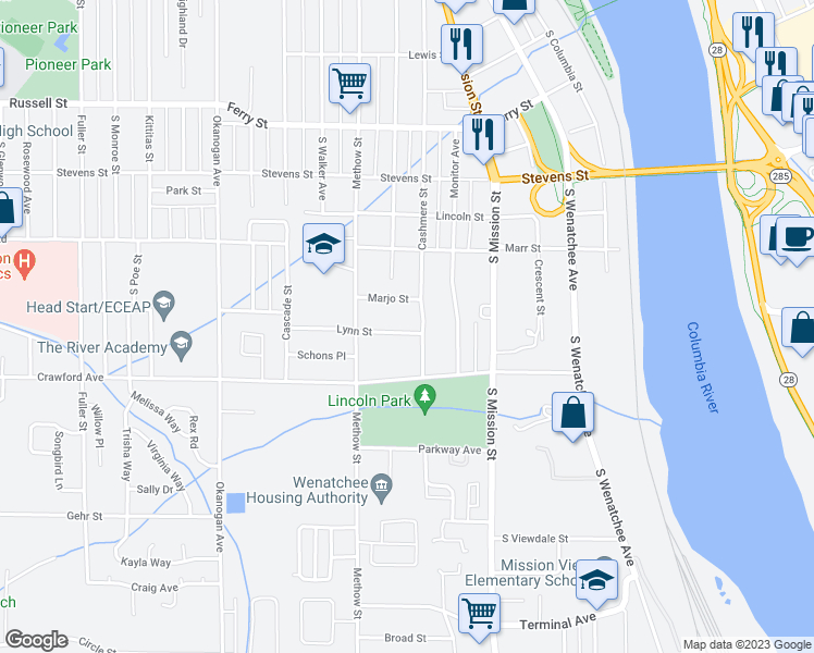 map of restaurants, bars, coffee shops, grocery stores, and more near 508 Lynn Street in Wenatchee