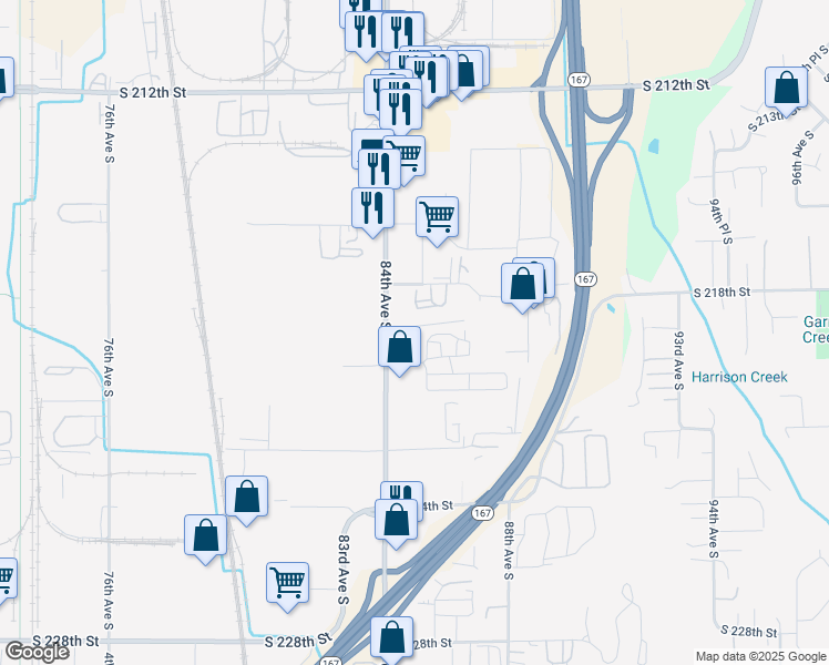map of restaurants, bars, coffee shops, grocery stores, and more near 21820 84th Avenue South in Kent