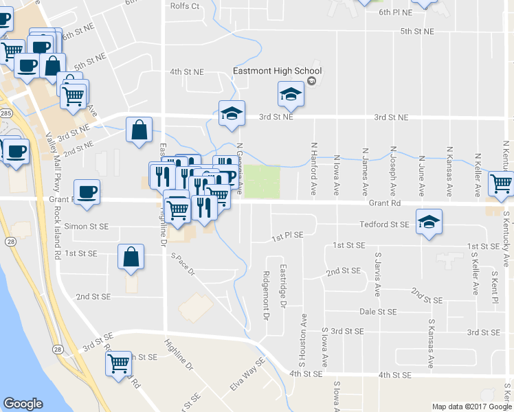 map of restaurants, bars, coffee shops, grocery stores, and more near 844 Grant Road in East Wenatchee