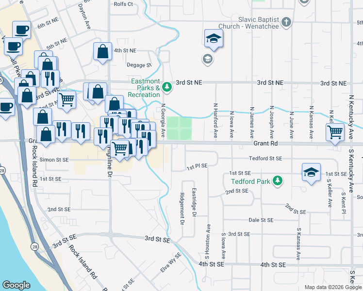 map of restaurants, bars, coffee shops, grocery stores, and more near 844 Grant Road in East Wenatchee