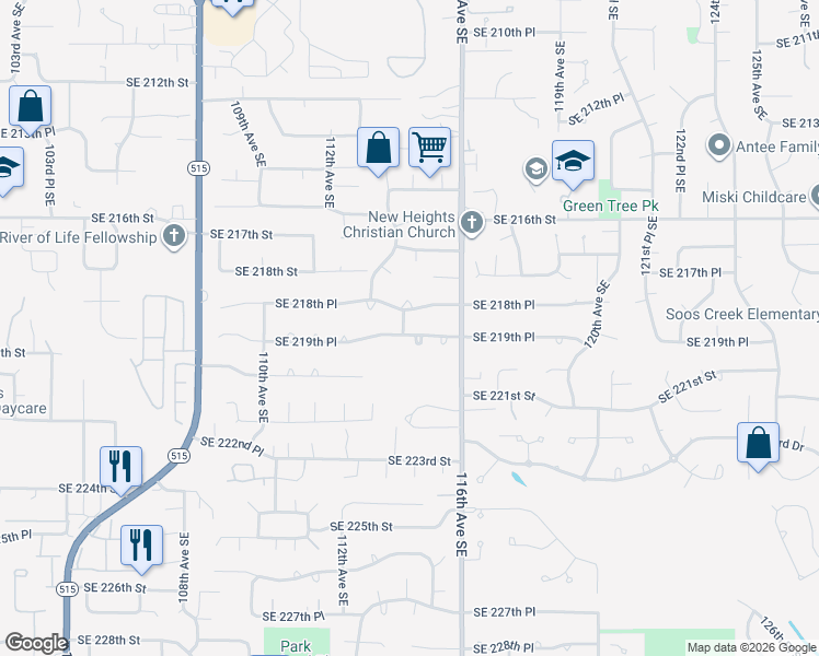 map of restaurants, bars, coffee shops, grocery stores, and more near 11409 Southeast 218th Place in Kent
