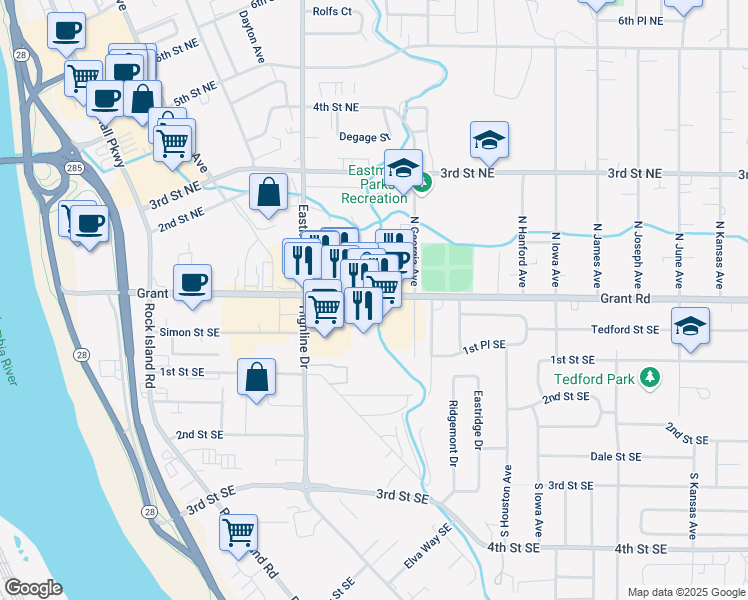 map of restaurants, bars, coffee shops, grocery stores, and more near 716 Grant Road in East Wenatchee