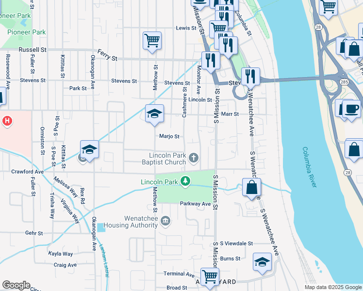 map of restaurants, bars, coffee shops, grocery stores, and more near 1300 Cashmere Street in Wenatchee