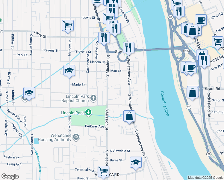map of restaurants, bars, coffee shops, grocery stores, and more near 1223B South Mission Street in Wenatchee