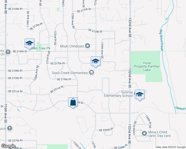 map of restaurants, bars, coffee shops, grocery stores, and more near 12651 SE 218th Pl in Kent