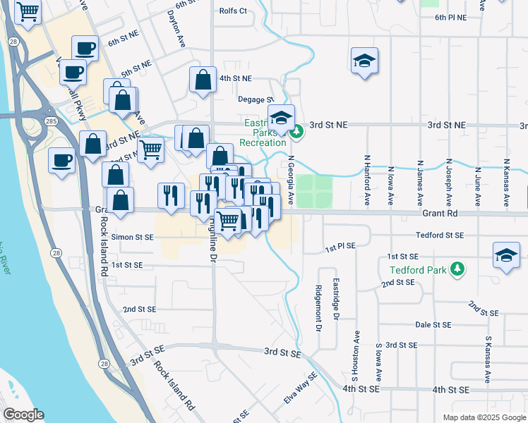 map of restaurants, bars, coffee shops, grocery stores, and more near 716 Grant Road in East Wenatchee