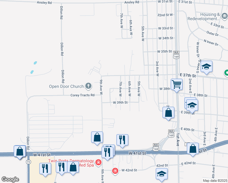 map of restaurants, bars, coffee shops, grocery stores, and more near 740 West 38th Street in Hibbing