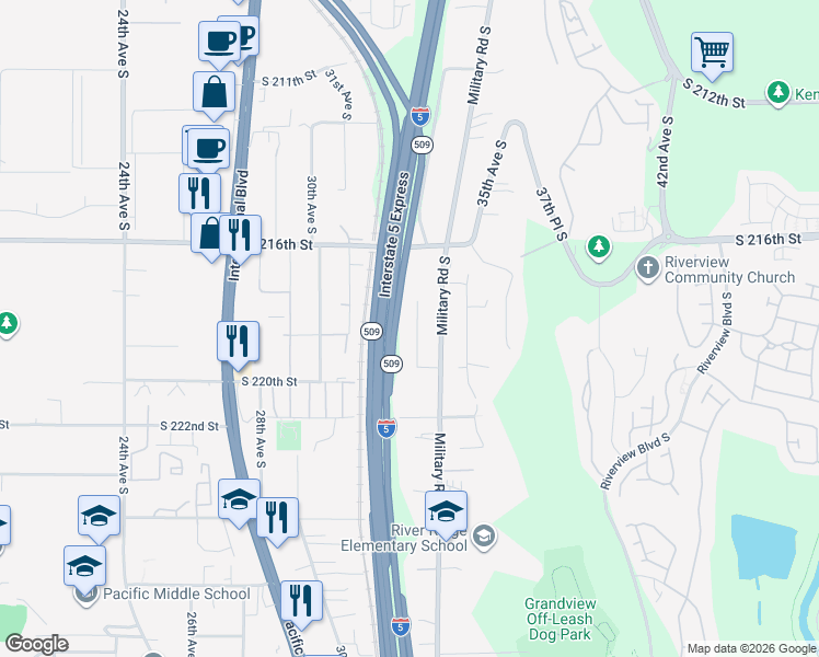 map of restaurants, bars, coffee shops, grocery stores, and more near 21833 32nd Place South in SeaTac