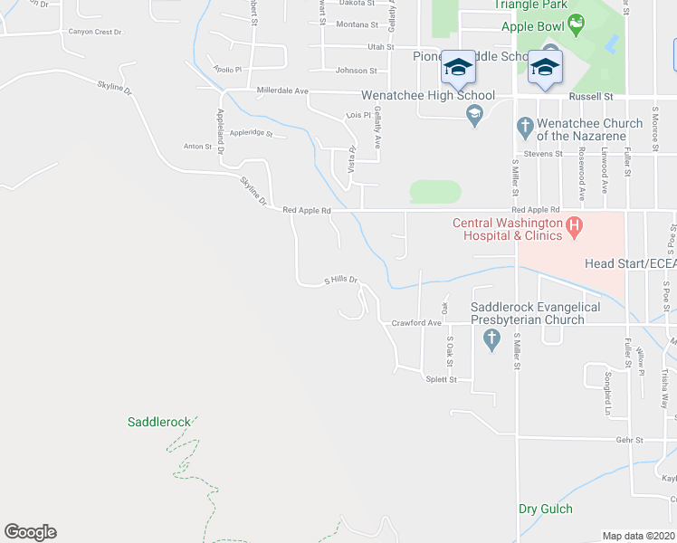 map of restaurants, bars, coffee shops, grocery stores, and more near 1317 South Hills Drive in Wenatchee