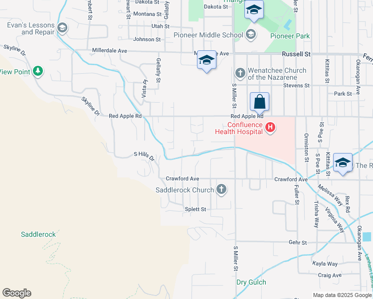 map of restaurants, bars, coffee shops, grocery stores, and more near 1307 Saddlerock Drive in Wenatchee