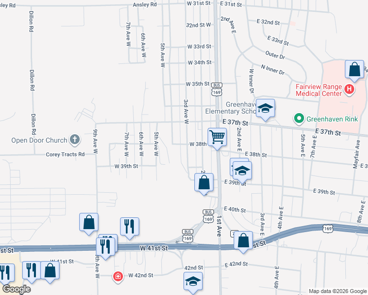 map of restaurants, bars, coffee shops, grocery stores, and more near 3801 3rd Avenue West in Hibbing