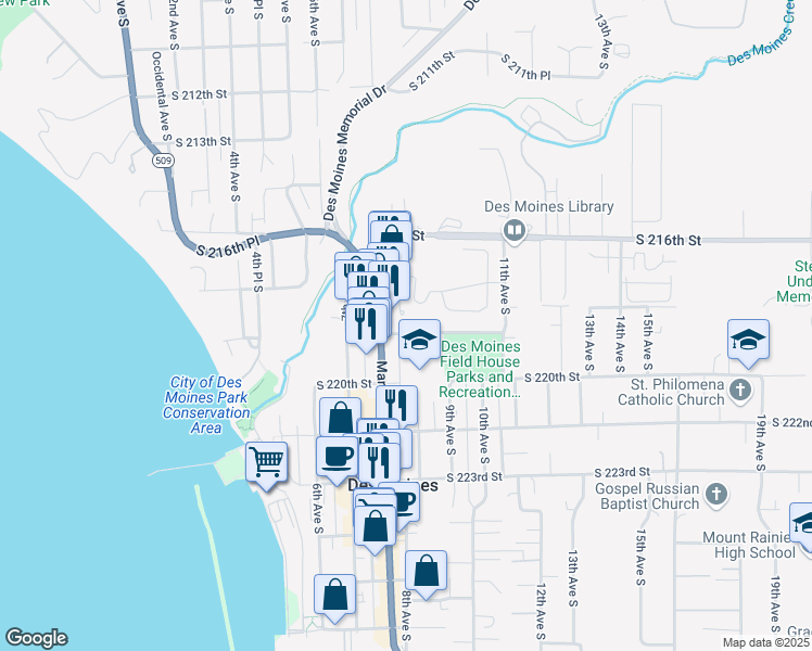 map of restaurants, bars, coffee shops, grocery stores, and more near 800 South 219th Street in Des Moines