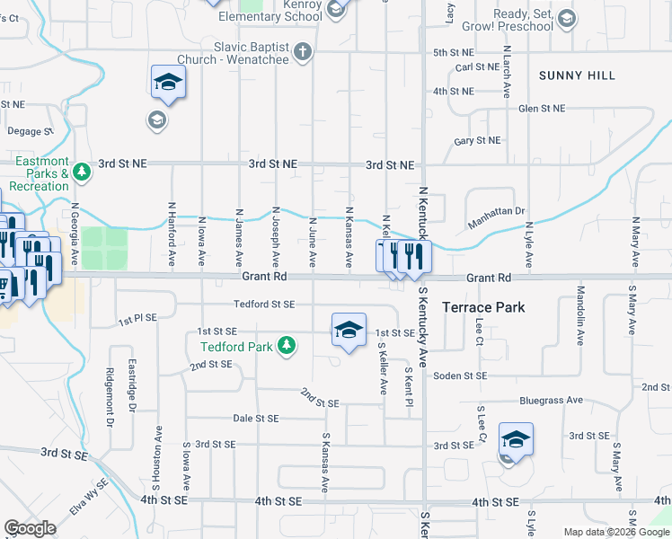 map of restaurants, bars, coffee shops, grocery stores, and more near 1441 Grant Road in East Wenatchee