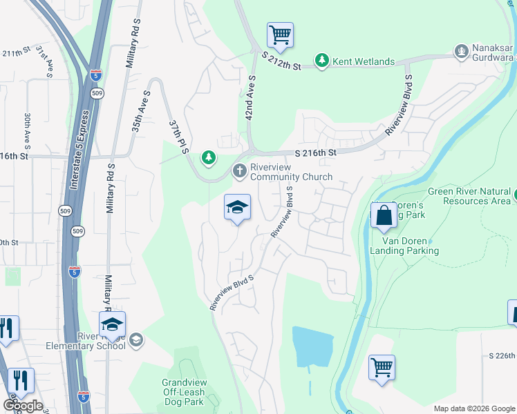 map of restaurants, bars, coffee shops, grocery stores, and more near 21901 42nd Avenue South in Kent