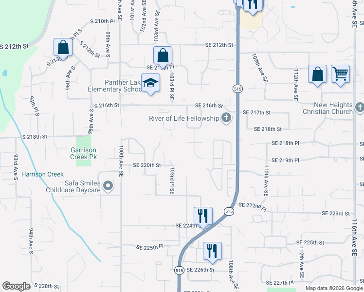 map of restaurants, bars, coffee shops, grocery stores, and more near 10411 Southeast 219th Street in Kent