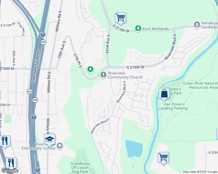 map of restaurants, bars, coffee shops, grocery stores, and more near 21901 42nd Ave S in Kent