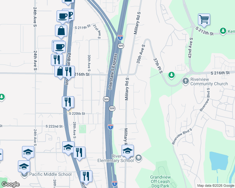map of restaurants, bars, coffee shops, grocery stores, and more near 21833 32nd Place South in SeaTac