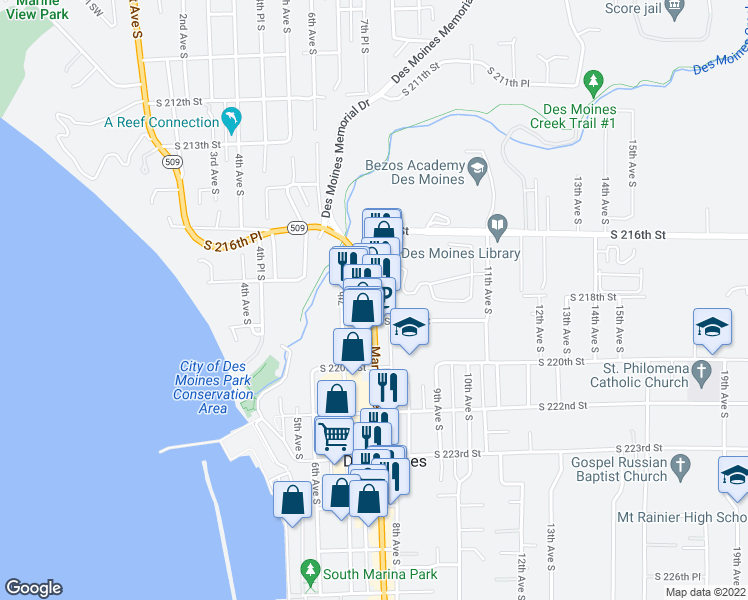 map of restaurants, bars, coffee shops, grocery stores, and more near 21851 Marine View Dr S in Des Moines