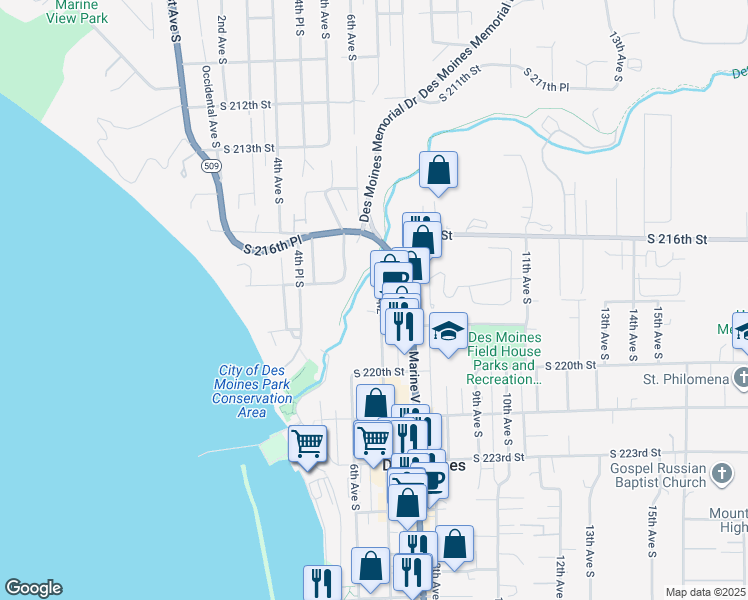 map of restaurants, bars, coffee shops, grocery stores, and more near 21837 7th Avenue South in Des Moines