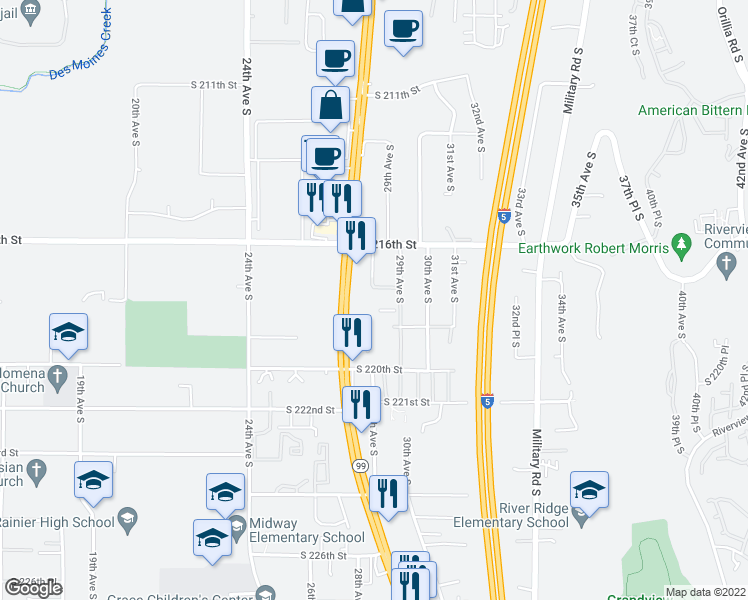 map of restaurants, bars, coffee shops, grocery stores, and more near 2872-2888 South 219th Street in Des Moines