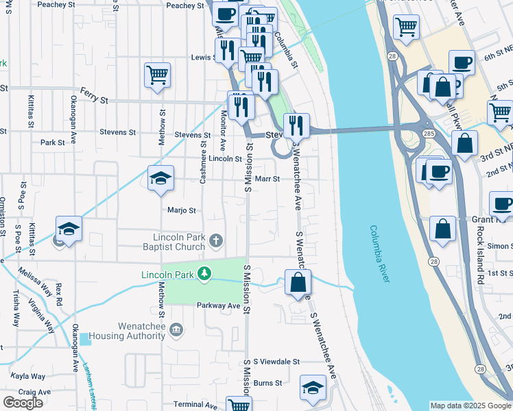 map of restaurants, bars, coffee shops, grocery stores, and more near 1223B South Mission Street in Wenatchee