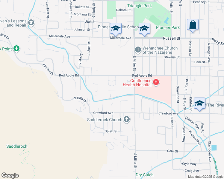map of restaurants, bars, coffee shops, grocery stores, and more near 1307 Saddlerock Drive in Wenatchee